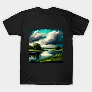 Blue and Green Spring River Scenery T-Shirt